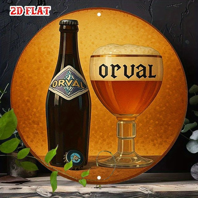 Orval Vintage-Stil Aluminium-Metall-Blechschild rund mit Bierflasche und Glas als Wandkunst, Durchmesser: 20 cm - Bild 1