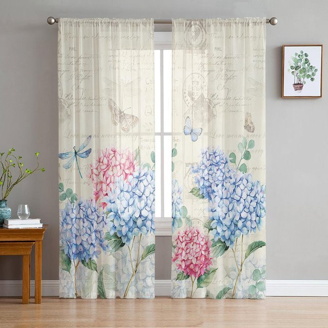 Transparente Voile-Fenstergardine mit Hortensien- und Libellen-Blumenmuster in Weiß und Multicolour, B: 135 cm, H: 114 cm - Bild 1