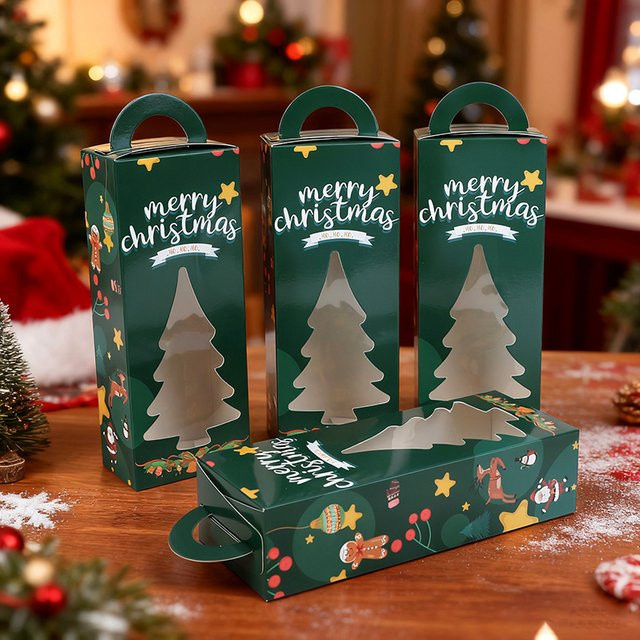 ZQNYCY Weihnachtsgeschenk-Verpackungsboxen in Weihnachtsbaum-Form mit transparentem Fenster, grün, aus Papier für Süßigkeiten und Kekse - Bild 1