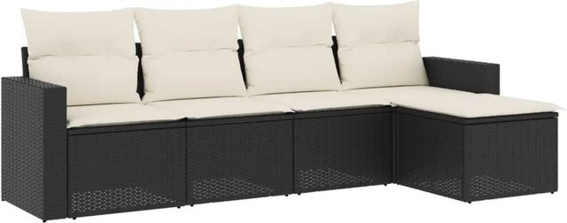 vidaXL 5-teilige Garten-Sofagarnitur in L-Form aus Poly-Rattan mit Kissen in Schwarz und Cremeweiß - Bild 1