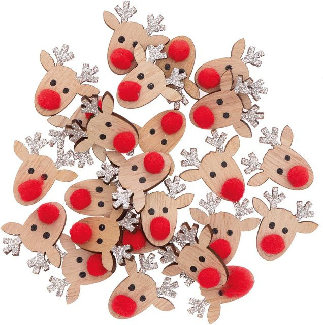 Rico Design Holzstreu Rentier mit Glitter in Natur-Silber, 24 Stück, B/T: 2,3 x 2,3 cm - Bild 1