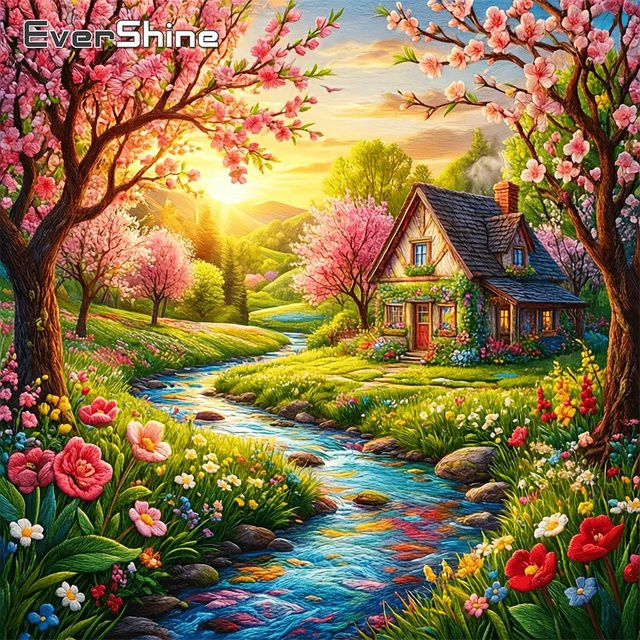 Evershine Diamant-Stickerei DIY-Malerei Garten-Landschaft Mosaik-Bastelset mit Blumen-Motiv in Multicolour, Durchmesser: 20 cm - Bild 1