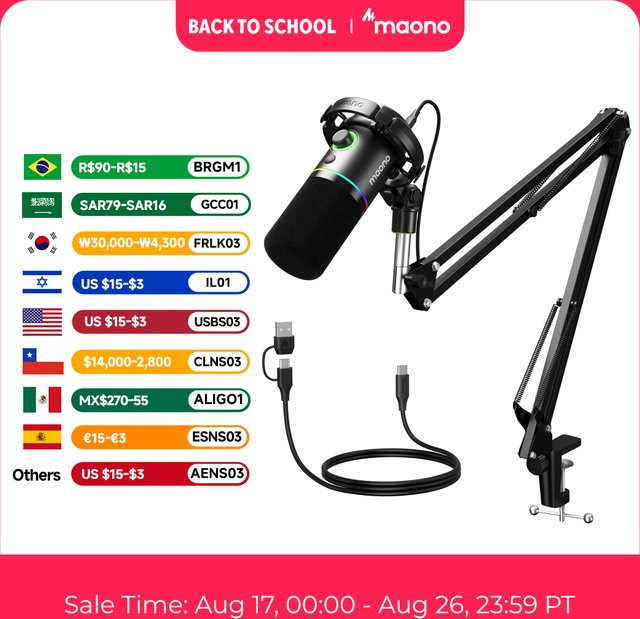 Maono PD200XS Dynamisches USB/XLR Mikrofon mit RGB-Beleuchtung und Stoßdämpfer-Gelenkarmständer in Schwarz/Multicolor - Bild 1