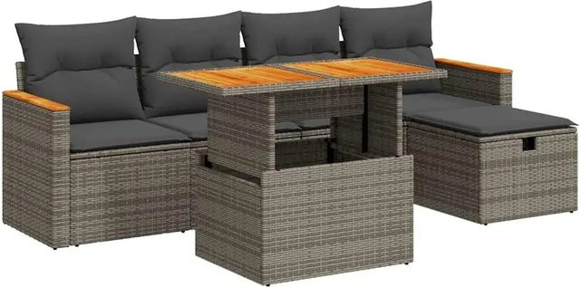vidaXL 6-tlg Garten-Sofagarnitur aus Poly Rattan in Grau mit Kissen und L-Form - Bild 1