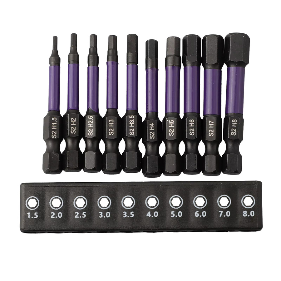 VIBRATITE 10er Set Hex Kopf Schlüssel Bohrer mit magnetischem 1/4 Zoll Quick Release Bit Halter und Schraubendreher Bits in Lila, H1,5-H8 - Bild 2