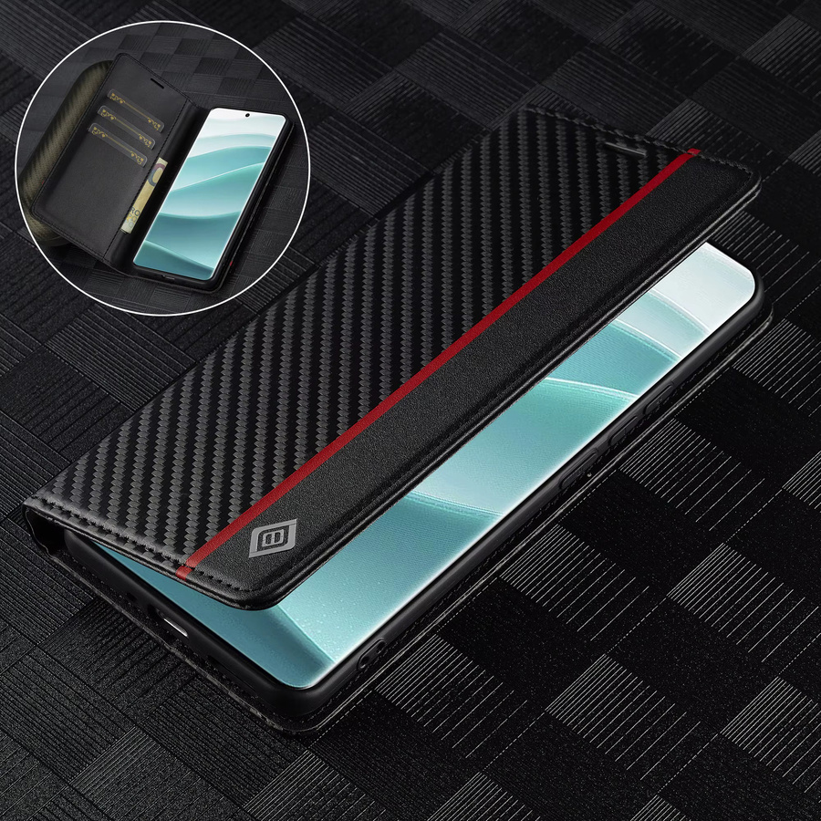 Luxuriöse Xiaomi Handyhülle aus Carbon-Faser und Leder mit Kartenfach und Magnet-Flip-Ständer in Schwarz - Bild 2