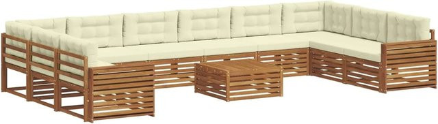 vidaXL Sofagarnitur aus Massivholz Akazie in Natur und Creme, 11-teiliges U-Form Sofa mit Polsterung und Kissen - Bild 1