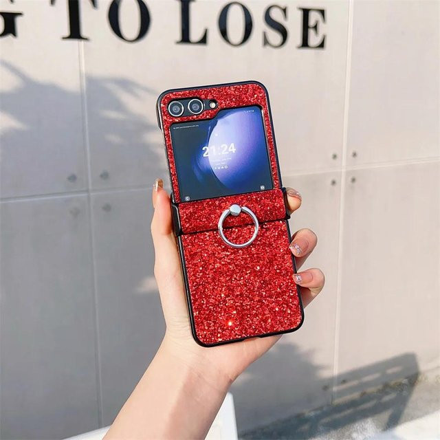 Stoßfeste Handyhülle mit Ring Diamant Glitzerpuder für Samsung Galaxy Z Flip 6 5 4 3 in Rot - Bild 1