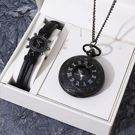 DEYROS Taschenuhr, Quarz, Edelstahl, Leder, Schwarz, Unisex