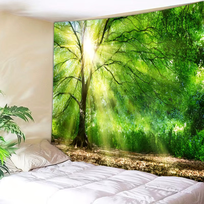 VIKAMA Wandteppich mit Waldmorgenlicht-Motiv in Grün, dekorativer Wandbehang im natürlichen Stil für Wohnzimmer und Schlafzimmer - Bild 2