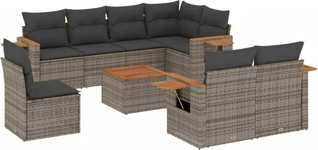 vidaXL 9-tlg. Garten-Sofagarnitur in L-Form aus grauem Poly-Rattan mit Kissen und Akazienholz - Bild 1