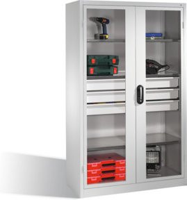 C+P Werkzeugschrank mit Sichtfenster-Drehtüren in Lichtgrau, 3 Böden und 3 Schubladen, H: 195 cm, B: 120 cm, T: 50 cm - Bild 1