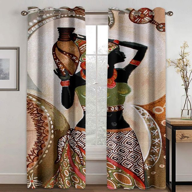 A Family Of Home Textiles 2er Set Abstrakte Afrikanische Frauen Vorhänge mit 3D-Grafik aus Polyester, Mehrfarbig, Breite: 150 cm, Höhe: 166 cm - Bild 1