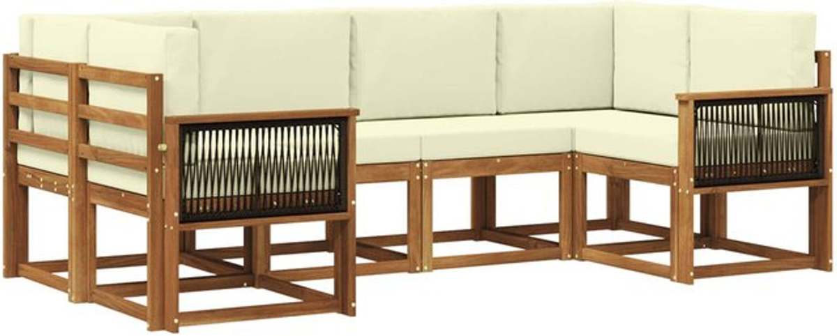 vidaXL Outdoor-Sofagarnitur aus Akazie Massivholz in Natur und Beige, 6-teiliges modernes Loungemöbel-Set - Bild 1