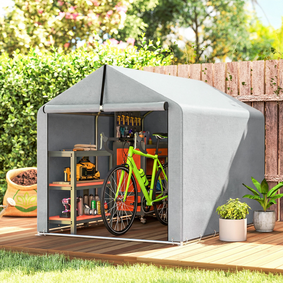 Outsunny Garagenzelt Hellgrau mit Satteldach und Rollbar, Wasserdichtes Gerätezelt mit Reißverschlusstür und Stahlrahmen, B/T: 220 x 160 cm - Bild 2