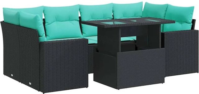 vidaXL 7-teilige Garten-Sofagarnitur in U-Form aus schwarzem Poly-Rattan mit Kissen und pulverbeschichtetem Stahlgestell - Bild 1