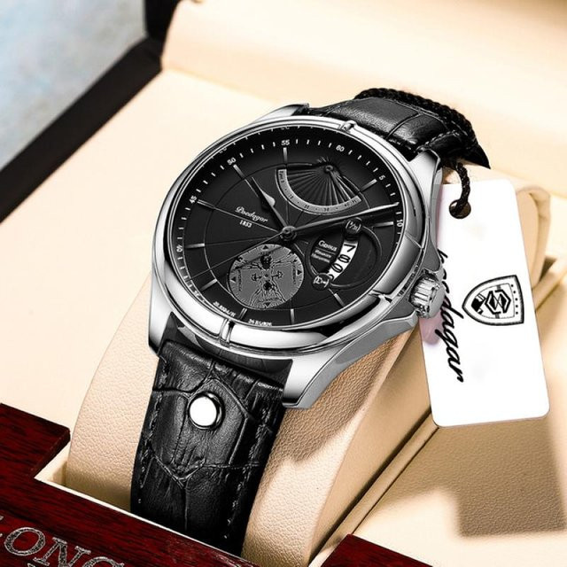 POEDAGAR Armbanduhr Quarz, Leder, Schwarz, Silber, Herren - Bild 1