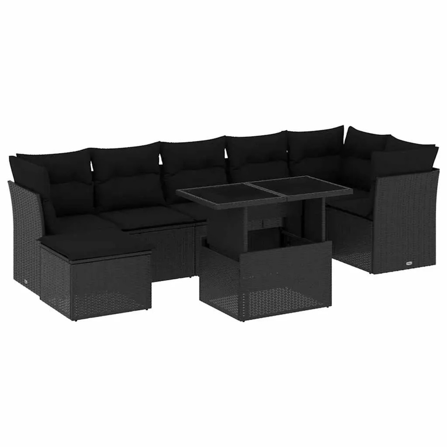 vidaXL 8-teilige Garten-Sofagarnitur in L-Form aus schwarzem Poly-Rattan mit UV-beständigen Kissen und pulverbeschichtetem Stahlgestell - Bild 2