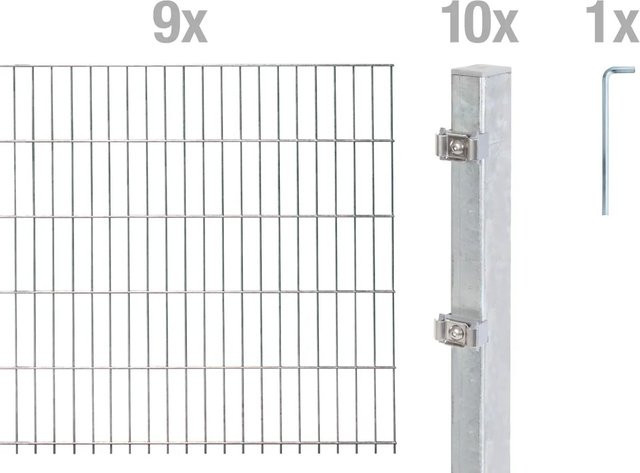 Metallzaun Grund-Set Doppelstabmatte aus Stahl, feuerverzinkt, Farbe: Silber, B/H: 2 x 1,4 m, Gesamtbreite: 9 m - Bild 1