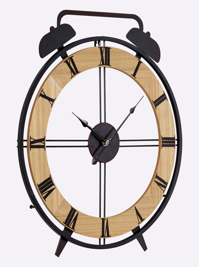 Runde Wanduhr mit Analoganzeige und Quarzwerk in Schwarz-Natur aus Metall und MDF - Bild 1