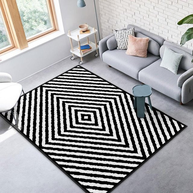 WTEMPO Teppich mit schwarz-weißem Karomuster und 3D-Streifen Design, rutschfest, Polyester, B/T: 80 x 120 cm - Bild 1