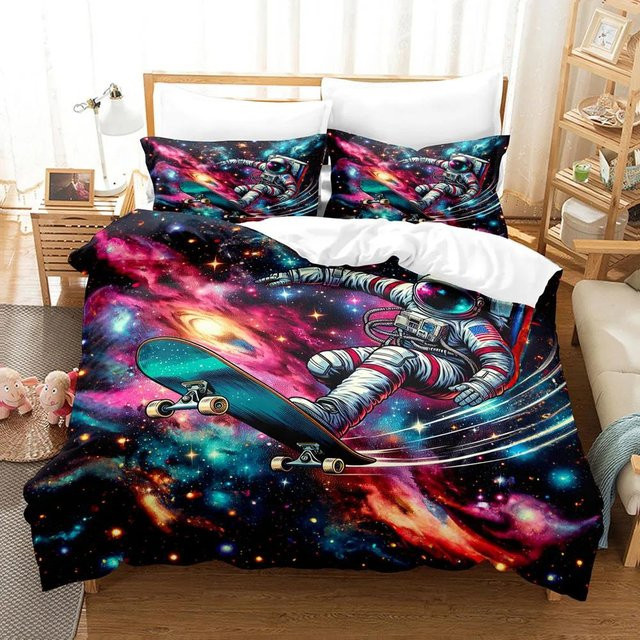 3D Bettwäscheset mit Astronaut und Galaxie Hintergrund inklusive Reißverschluss, B/H: 172 x 218 cm - Bild 1