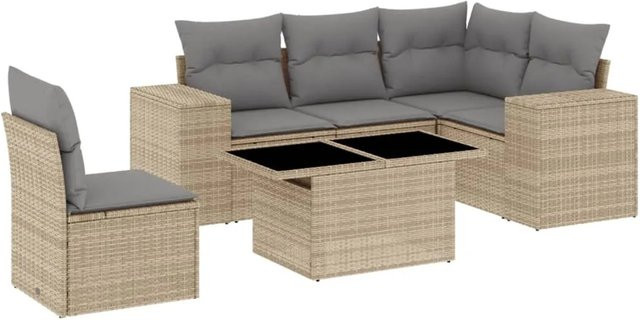 vidaXL 6-tlg Garten-Sofagarnitur in L-Form aus Polyrattan mit Kissen in Beige - Bild 1