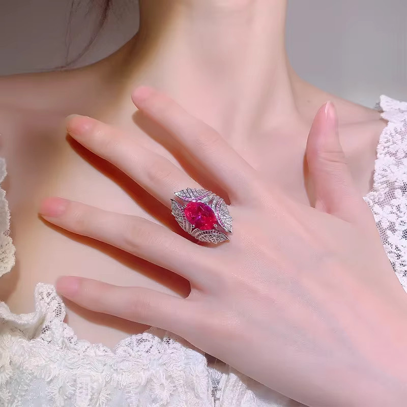 LJDZSW Ring, Blatt-Design, rosa blaue Edelsteine, Silber, Damen - Bild 2