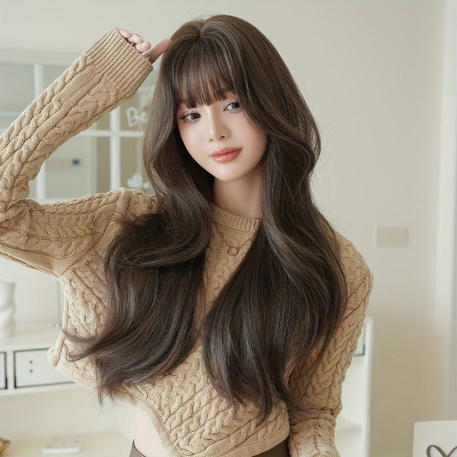 7JHH WIGS Perücke, lange lockige synthetische Perücke, kaltbraun, Damen - Bild 1