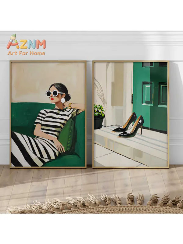 AZNM 2er-Set moderner Leinwanddruck im Hochformat mit Porträt einer eleganten Frau in Grün und Schwarz auf Papier - Bild 3