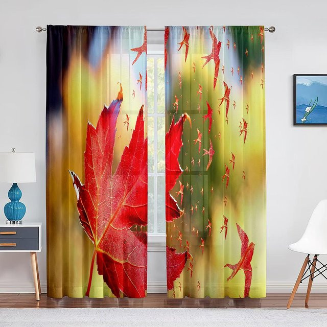 Transparenter Voile-Vorhang mit herbstlichem Ahornblatt-Design in Orange, B/H: 100 x 250 cm - Bild 1