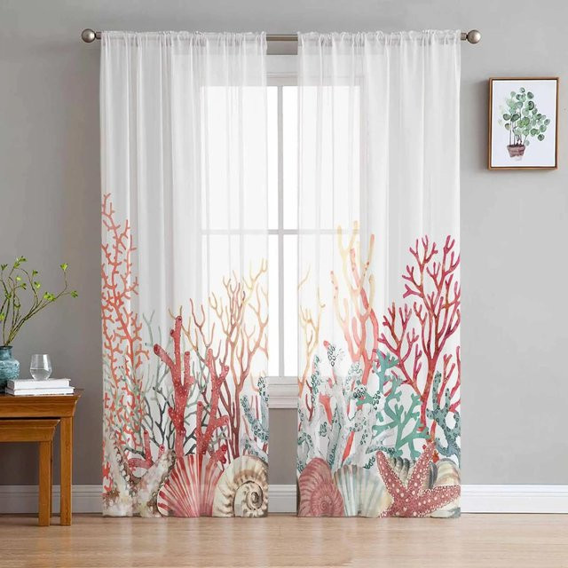 Yiran Furniture Transparente Tüll-Vorhänge mit Marine-Motiv Muscheln Seesterne und Seepferdchen, Weiß, B: 135 cm, H: 245 cm - Bild 1