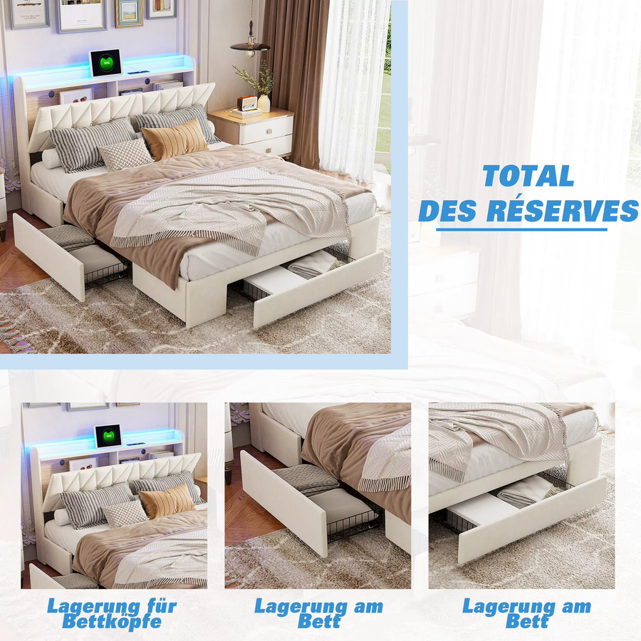 Superaly Polsterbett mit LED-Beleuchtung, 3 Schubladen und USB-Ladefunktion, Samt, Beige, B/T: 140 x 200 cm - Bild 4