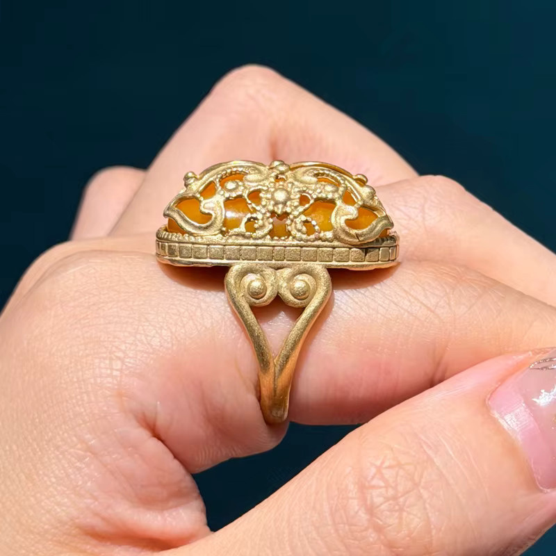 Icareu Ring, quadratisch, gelber Naturstein, goldfarben, Damen - Bild 4
