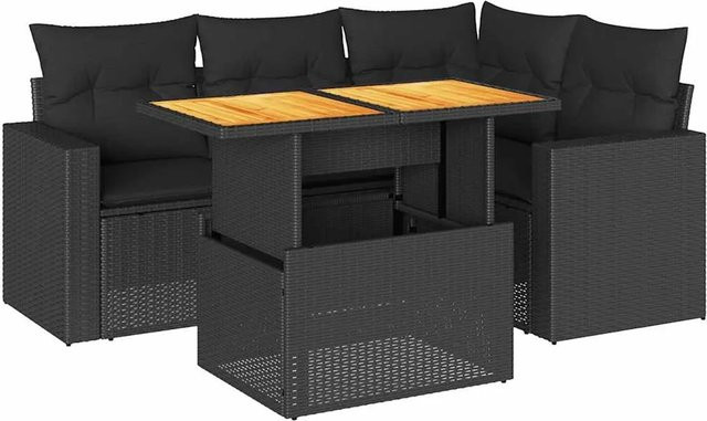 vidaXL 5-tlg. Garten-Sofagarnitur in L-Form aus schwarzem Poly-Rattan mit Kissen und pulverbeschichtetem Stahlgestell - Bild 1