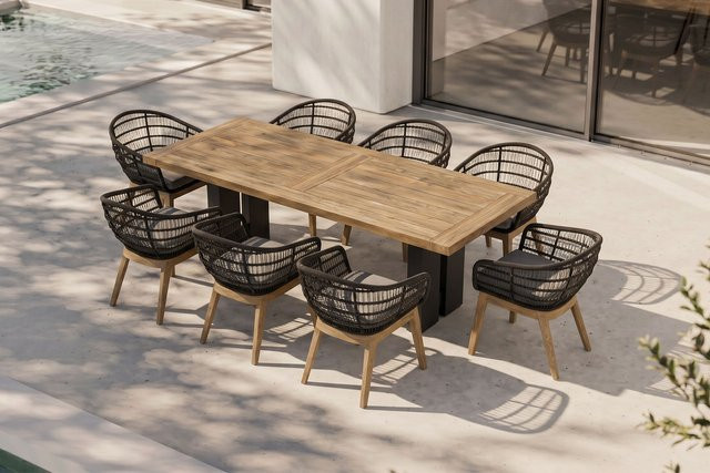 OUTFLEXX Bob Garten-Essgruppe aus Aluminium, recyceltem Teak und Rope in Anthrazit/Natur mit 8 Sesseln, Tisch B: 220 cm, T: 100 cm - Bild 1