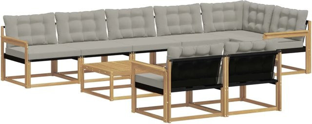 vidaXL Outdoor-Sofagarnitur aus Akazienholz mit Textilene und Kissen, 9-teiliges L-Shape Set, Weiß-hellgrau, B/T/H: 79 x 79 x 37 cm - Bild 1