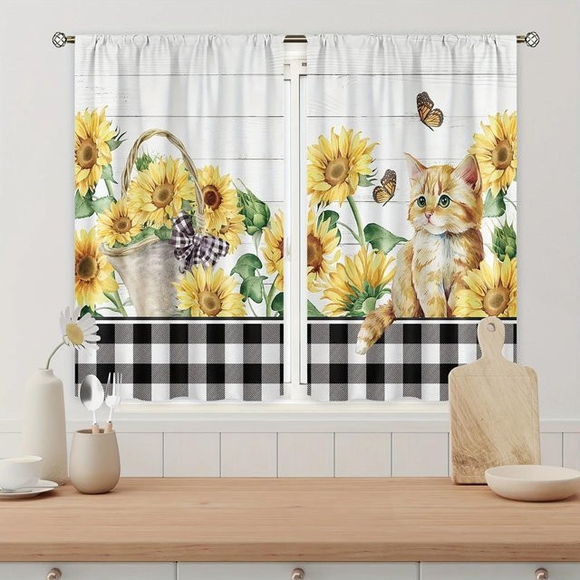 2er-Set Moderne Kurzvorhänge mit Sonnenblumen- und Karomuster, Digitaldruck, Halbtransparent, Polyester, Mehrfarbig, Breite: 60 cm, Höhe: 100 cm - Bild 1