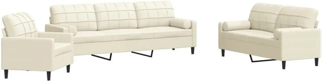 vidaXL 3-teilige Sofagarnitur aus Samt in Beige mit Kissen und Nackenrollen, bestehend aus 3-Sitzer-Sofa, 2-Sitzer-Sofa und Sessel mit Metallgestell - Bild 1