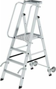 Günzburger Aluminium-Stehleiter mit 4 Stufen, silber, rollbar mit Trays und Gummifüßen - Bild 1