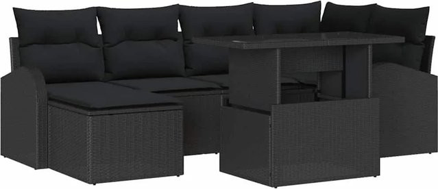 vidaXL Garten-Sofa-Set 7-tlg. in Schwarz mit Kissen, L-Form mit Eckelement, 2-Sitzer, Ottoman und Couchtisch aus pulverbeschichtetem Stahl - Bild 1