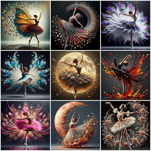 Potdemiel DIY 5D Diamantmalerei Ballett-Mädchen Porträt mit Mond und Blumen, Vollrund-Bohrer Mosaik Wanddekoration, Mehrfarbig, B/T/H: 20 x 20 x 20 cm - Bild 1