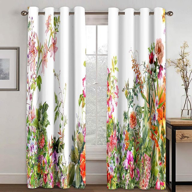 Elegante Blumen Vorhänge Set aus 2 Teilen, Modernes Semi-Transparentes Design mit Ösen, Weiß/Mehrfarbig, B: 70 cm, H: 185 cm - Bild 1
