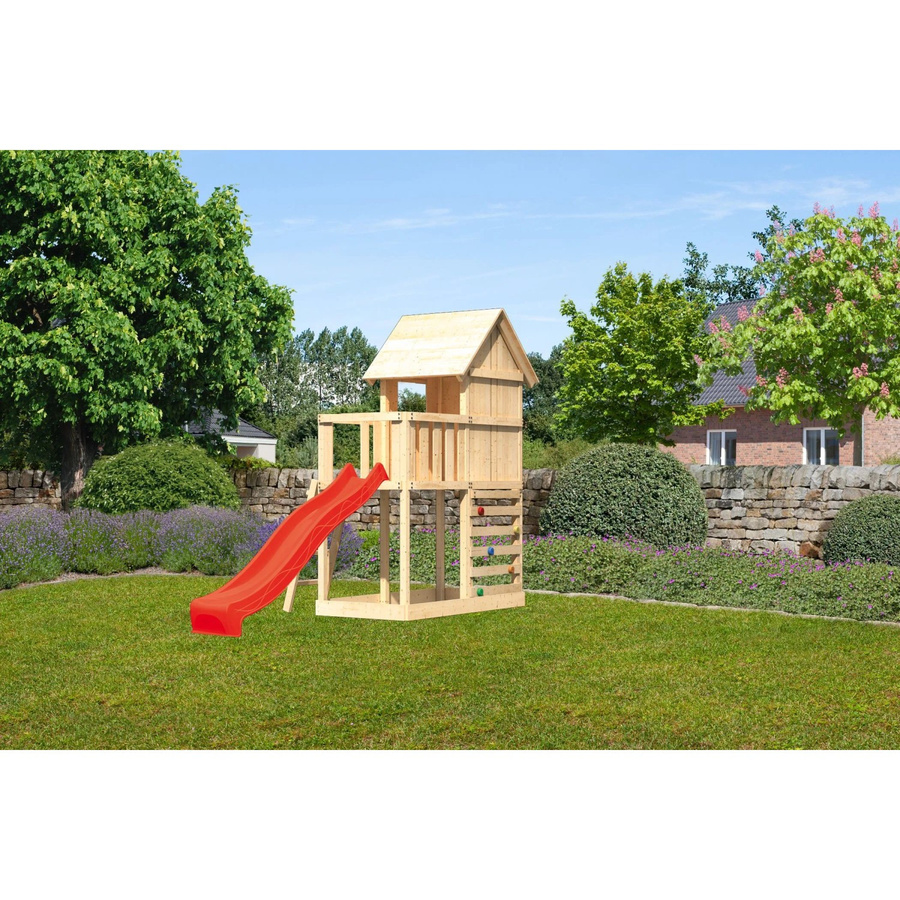 Karibu Stelzenhaus Frieda mit Kletterwand und Rutsche in Rot - Bild 2