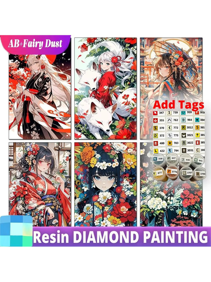 Potdemiel Diamond Painting Set Anime Cartoon Mädchen mit Blume und Fuchs, 5D Vollmosaik Stickerei mit Resin-Steinen in Round-Form, B/H: 25,0 x 20,0 cm - Bild 3