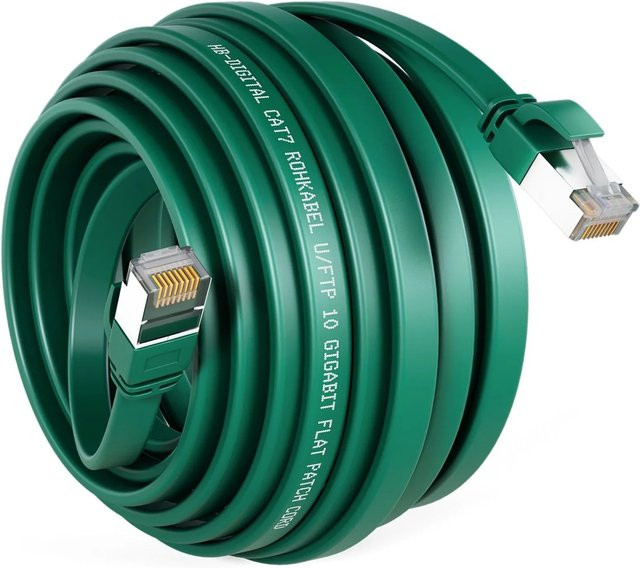 hb-digital CAT 7 Flachkabel RJ45 LAN Ethernet Rohkabel, Kupfer, Grün, 15 m - Bild 1