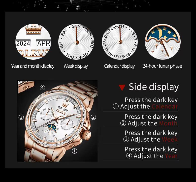 OLEVS Armbanduhr Automatik, Edelstahl, Diamant, Schwarz, Herren - Bild 5