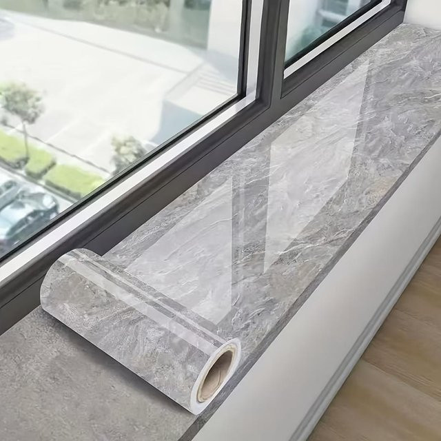 Selbstklebende Fensterbank-Aufkleber von Ni Ni in Weiß und Grau mit Marmormuster aus Vinyl, B: 0,6 m, L: 2 m - Bild 1