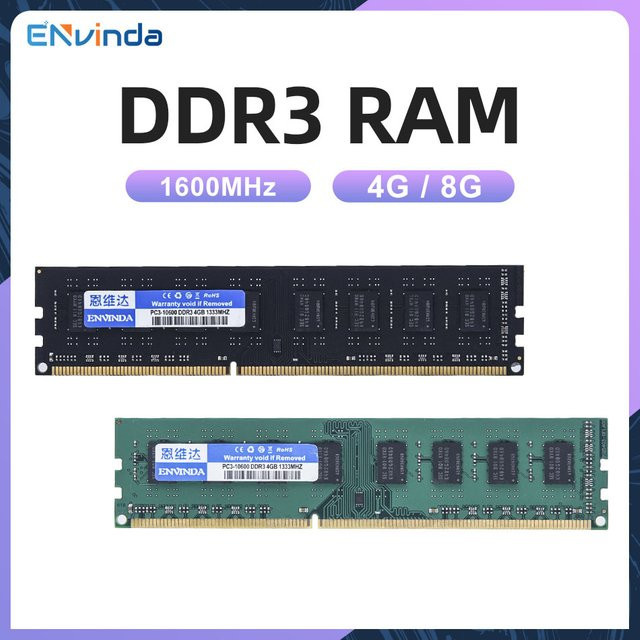 Envinda DDR3 DDR3L Desktop-Arbeitsspeicher RAM 4 GB und 8 GB, 1600 MHz PC3-12800U PC3-10600 DIMM, Schwarz - Bild 1