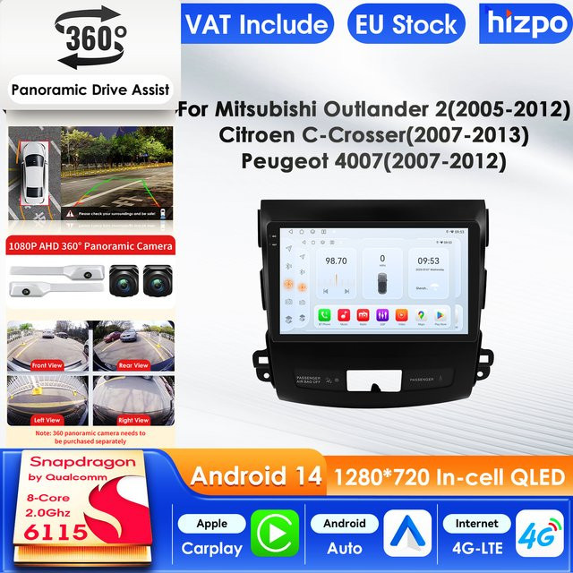 Hizpo Android Carplay AI Multimedia Video Player mit GPS für Mitsubishi Outlander, Peugeot 4007 und Citroen C-Crosser in Schwarz - Bild 1